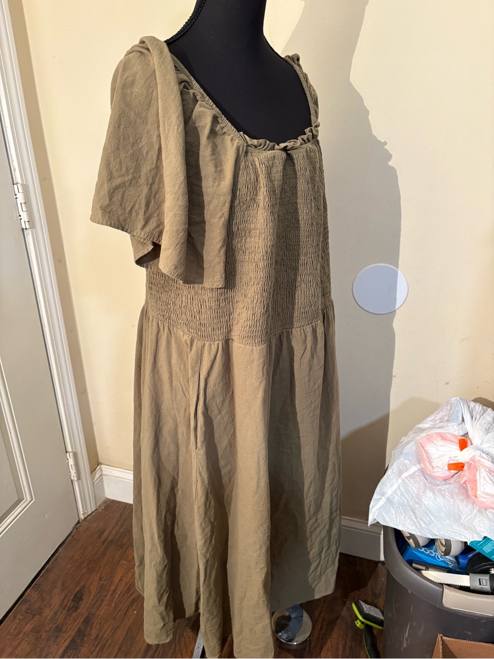 BloomChic Olive Green Textured Dress,Flutter Sleeves,#boho-chic,#forestfairy